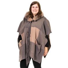 Mocha & Gray Wool Asymmetrical Design Hood Cape With Fringes & Crystal Fox Fur Trim Mitchie’s Matchings Design Toggle & Horn Closure Design Patch Pockets One Size Fits Most Hood Cape, Plaid Capes, Black Poncho, Closure Design, Knitted Cape, Cape Style, Fringe Cardigan, Plaid Blanket Scarf, Wool Cape