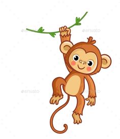 a cute monkey hanging from a branch with green leaves on it's back - animals characters