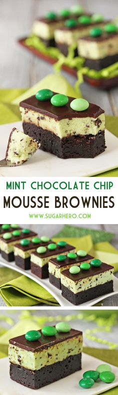 mint chocolate chip mousse brownies on a plate