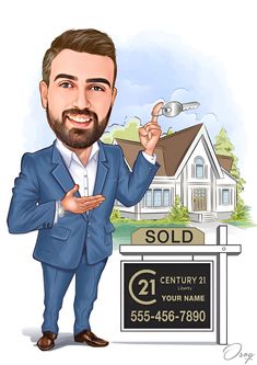 a caricature of a real estate agent standing in front of a sold sign