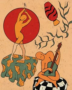 an image of a man playing the guitar and another person sitting on a stool with a red ball