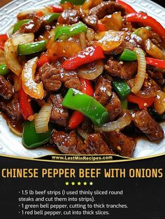 chinese pepper beef with onions and peppers on a white plate, ready to be eaten