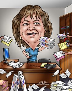 a cartoon caricature of a woman with boxes on her desk