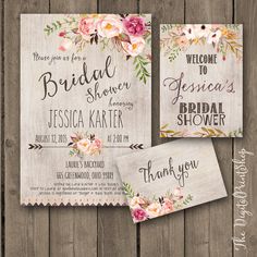 two wedding shower cards with flowers on them, one is for the bride and the other is for the groom