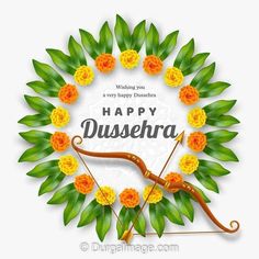 happy dussekra with flowers and an arrow