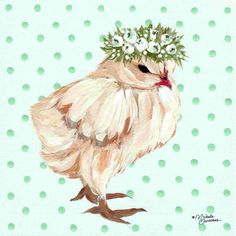 a painting of a chicken wearing a flower crown on top of it's head