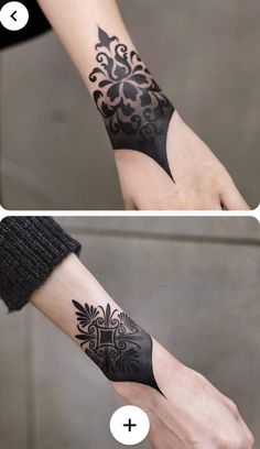 two pictures showing different types of tattoos on the arm and wrist, one with an ornate design