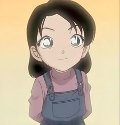 an anime character wearing overalls and looking at the camera