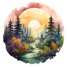 a watercolor painting with trees and the moon in the sky over a river surrounded by coniferouss