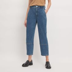 The shape of things to come. Made of regenerative cotton denim with just a touch of stretch, the Utility Barrel Jean is complete with a waist-nipping high rise, a cool curved leg, and an easy cropped length. Plus, it has utilitarian details, like accent stitching and patch pockets for a craftsman-inspired look. Modern Medium Wash Tapered Leg Bottoms, Modern High Waist Cropped Jeans In Rigid Denim, High-waist Relaxed Fit Cargo Jeans For Workwear, High Waist Relaxed Fit Cargo Jeans For Work, Modern Cropped Cotton Jeans For Workwear, Modern Medium Wash Bottoms For Everyday, Modern Cotton Cropped Jeans For Workwear, Modern Cropped Bottoms For Work, Modern Cropped Cotton Jeans With Tapered Leg