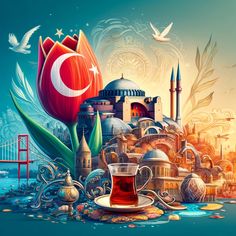 a painting of turkey with the flag on it's tulip and other things surrounding it