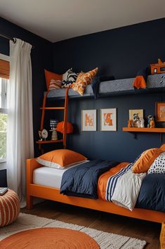 a bedroom with blue walls, orange and white bedding and shelves on the wall