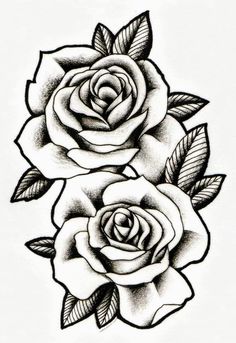 black and white drawing of two roses with leaves on the stems, one is larger than the other