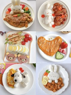 four different plates with food on them including carrots, chicken, and other foods