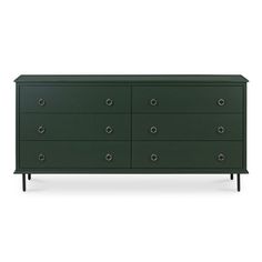 a green dresser with six drawers and two doors on each side, in front of a white background