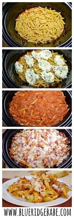 four different types of pasta in the crock pot with text overlay that says, how to make lasagna casserole