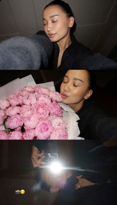 a woman is taking pictures with her camera and holding pink flowers in front of her face