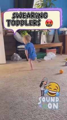 a young boy standing on top of a carpet next to a tv screen with the caption saying, sweating toddlers