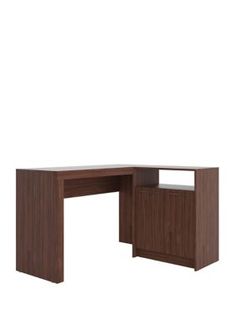 the corner desk is made from wood and has an open drawer on one side,