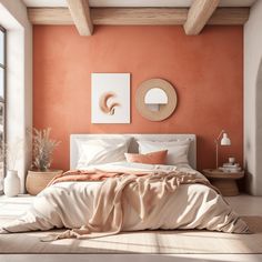 a bedroom with an orange wall and white bedding in the center, along with two large windows