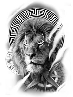 a black and white photo of a lion's face with an intricate design on it