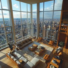 a living room filled with furniture and large windows overlooking the cityscape in new york