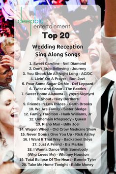 the top 20 wedding reception sing along song list for deep house entertainment's top 20