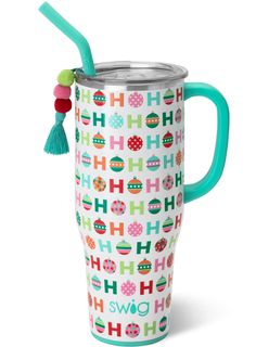 a travel mug with a handle and handles on the side, decorated with colorful letters