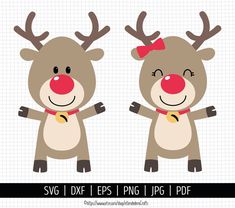 two reindeers with red noses and bows on their heads