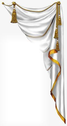 a white curtain with gold tassels hanging from it