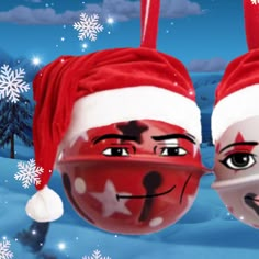 two red and white christmas hats with snowflakes in the background, one wearing a santa claus hat