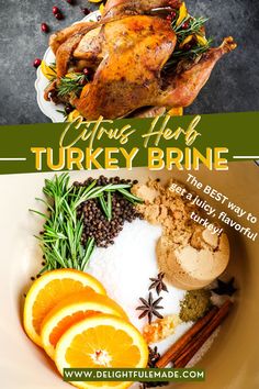 a turkey dinner with oranges, spices and herbs on the side in a white bowl