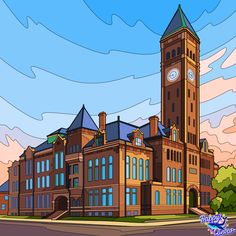 a drawing of a building with a clock tower in the center and sky behind it