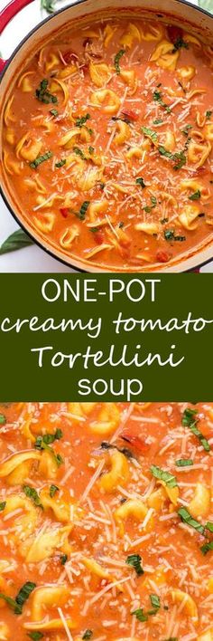 one pot creamy tomato tortellini soup is shown in three different pictures and the other has