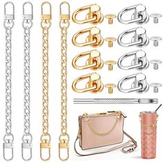 PRICES MAY VARY. Sufficient and Complete Purse Accessories: you will receive 4 pieces of purse strap extender chains, 8 pieces of leather craft rivets, both in gold and silver color, together with 1 piece of hole punch, a nice combination to DIY your bags Proper Size: the chain strap for purse is about 20 cm/ 7.9 inches in overall length, and 8 mm/ 0.31 inch in width, with a 3.3 cm/ 1.3 inches long clasp at each end of the chain, easy and convenient to clip on your purse Easy to Install: you can Diy Wallet, How To Make Purses, Leather Rivets, Purse Hardware, Chain Extenders, Purse Strap, Purse Accessories, Champagne Gold, Hole Punch