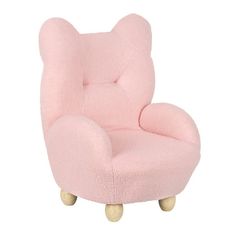 a pink teddy bear chair with wooden legs