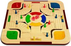 a wooden board game with several pieces on it