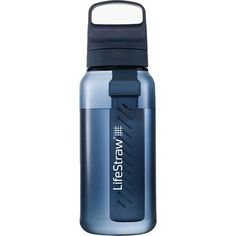 the lifestraw water bottle is shown in blue