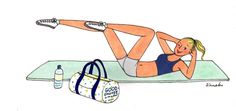 a drawing of a woman doing an exercise on a mat with water bottle and tote bag