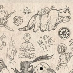 an old paper with drawings on it that include fish, people and other things in the background