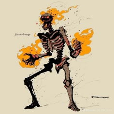 a drawing of a skeleton with fire coming out of it's mouth and arms