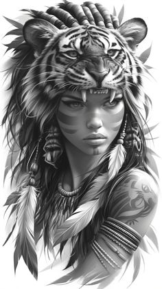 a drawing of a woman with a tiger headdress and feathers on her head