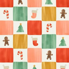 an image of christmas fabric with gingerbreads, stockings and candy canes on it