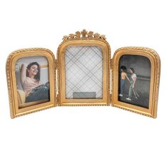 an ornate gold frame with three pictures in it