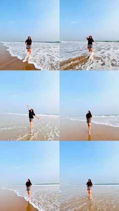 four different shots of a woman walking in the water at the beach with her arms outstretched