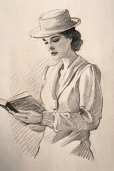 a drawing of a woman in a hat holding a book and looking at the viewer