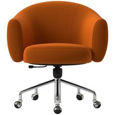 an orange office chair with chrome wheels and casteors, viewed from the front view