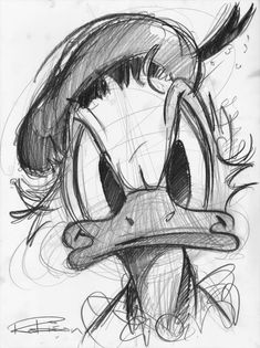 a drawing of a cartoon duck with long hair and big eyes, wearing a hat