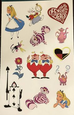 various stickers on the back of a sheet of paper with alice and wonderland characters