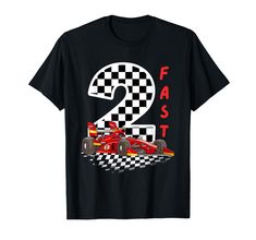 a black t - shirt with the number two on it and a race car in front